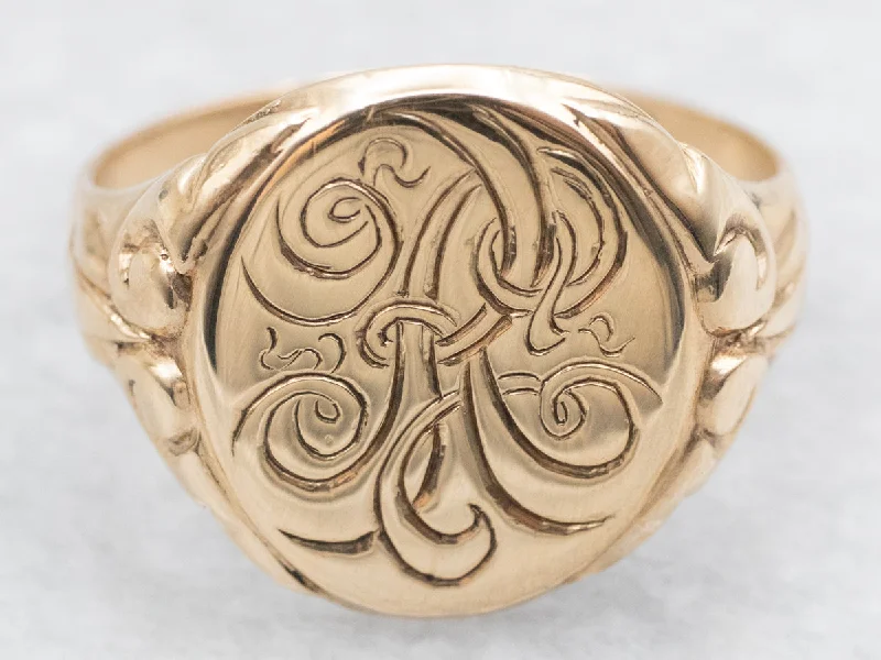 Flexible open rings-Ornate Antique Gold "R" Engraved Signet Ring