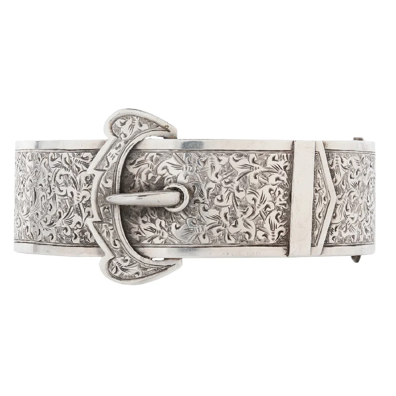 Ornate accent bracelets-Silver Floral Buckle Bangle