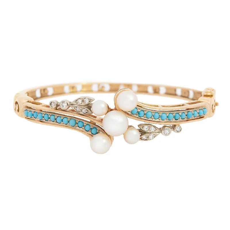 Retro cameo bracelets-Victorian 14k Pearl, Turquoise, and Diamond Bangle