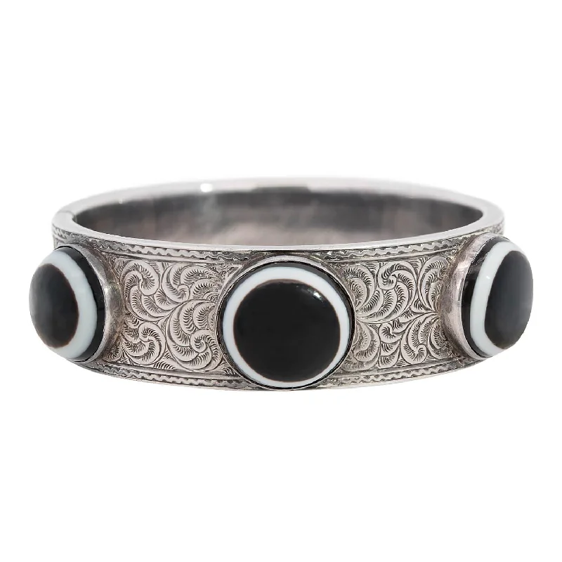 Large geometric bangles-Victorian Sterling Silver Banded Agate Bangle