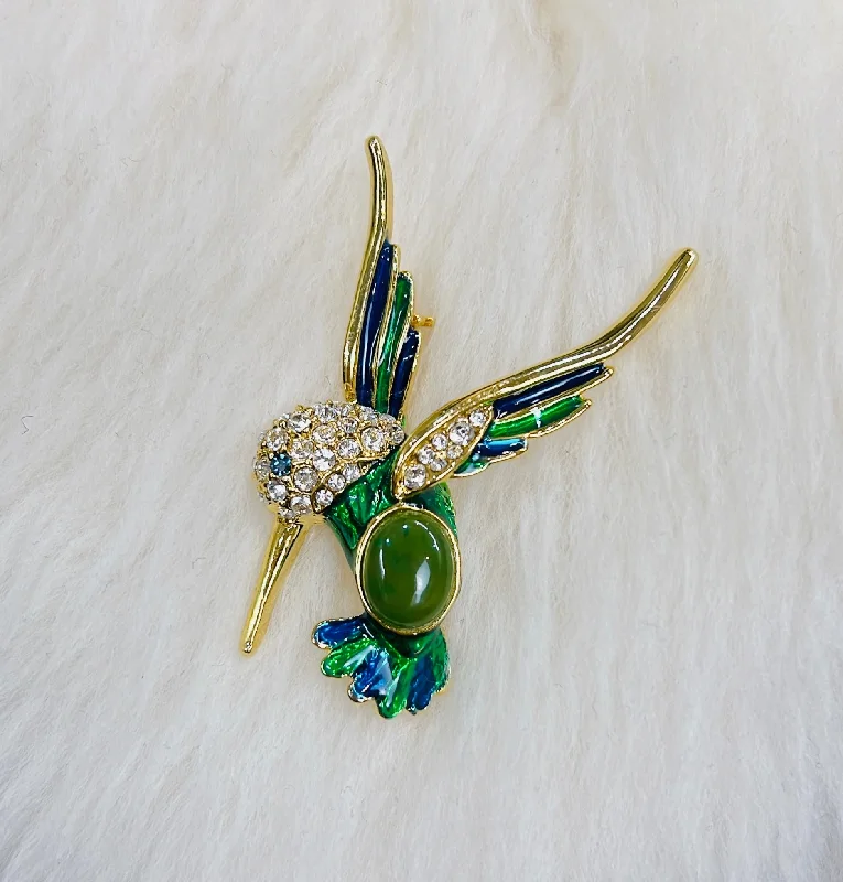 Retro deco brooches-Canadian BC Jade Humming Bird Brooch / Pin Gold Colour