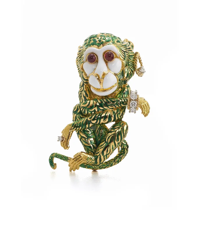 Tribal medallion brooches-Gypsy Monkey Brooch, Green Enamel