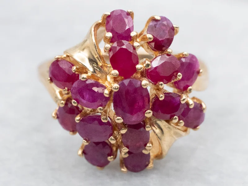 Large geometric rings-Vintage Gold Ruby Cluster Ring