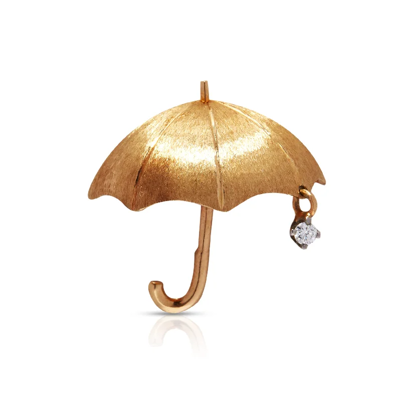 Persian style brooches-Gold Umbrella Brooch with Diamond raindrop