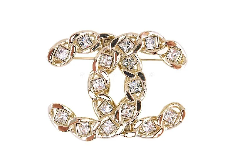 Stone-wrapped brooches-NIB 19S Chanel XL Large Classic Crystal CC Chain Brooch GHW AB0616