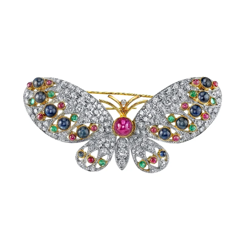 Beaded tassel brooches-18K YELLOW AND WHITE GOLD BUTTERFLY BROOCH WITH DIAMONDS RUBIES SAPPHIRES AND EMERALDS