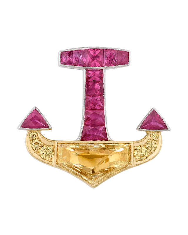 Smoky quartz brooches-Ruby and Yellow Diamond Anchor Brooch