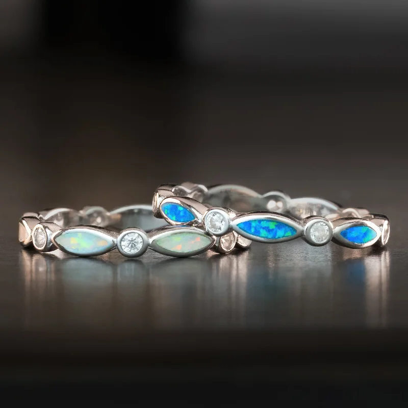 Clear quartz rings-Sterling Silver Marquise Ring [2mm width] Blue & White Opal