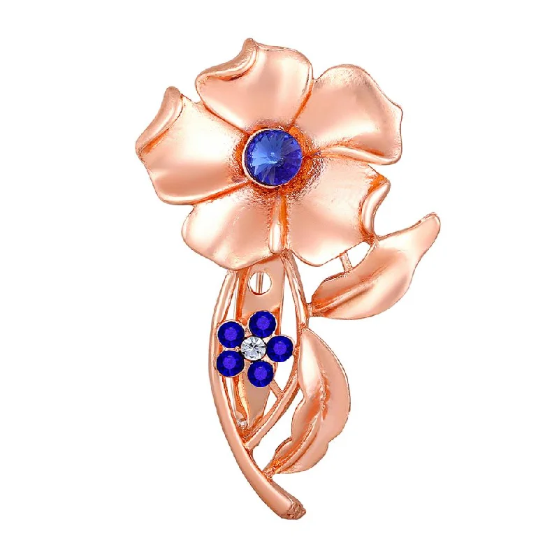 Thick enamel brooches-Mahi Rosegold Plated Dual Floral Shaped with Blue Crystals Saree Pin / Wedding Brooch for Women (BP1101144ZBlu)