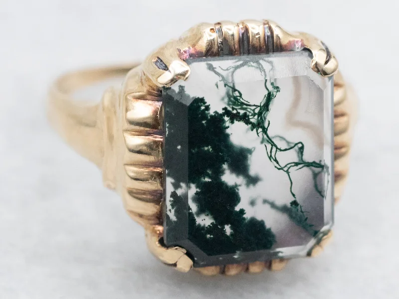 Stamped name rings-Mid-Century Gold Moss Agate Ring