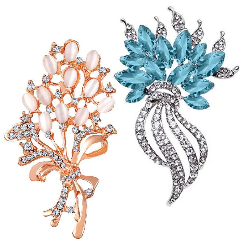 Swinging gem brooches-Mahi Combo of Aqua Blue and white Crystals with Rose Gold & Rhodium Plating Wedding Brooch for Women (CO1105630M)