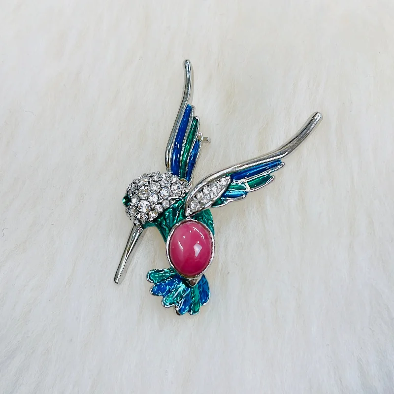 Bird feather brooches-Canadian Rhodonite Humming Bird Brooch / Pin Silver Colour