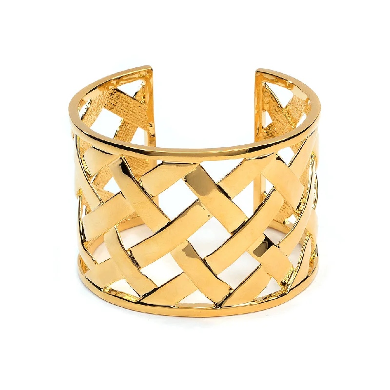 Wide gold bracelets-Polished Gold Basketweave Cuff