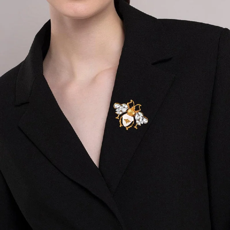 Vibrant enamel brooches-Mahi White Meenakari Bee-Shaped Wedding Brooch / Lapel Pin with Crystals for Women (BP1101185G)