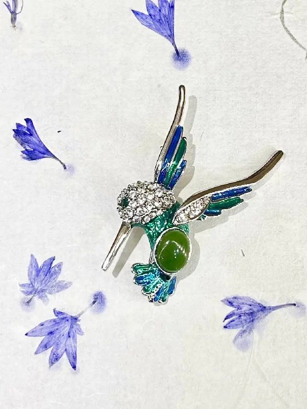 Ruby stone brooches-Canadian BC Jade Humming Bird Brooch / Pin Silver Colour