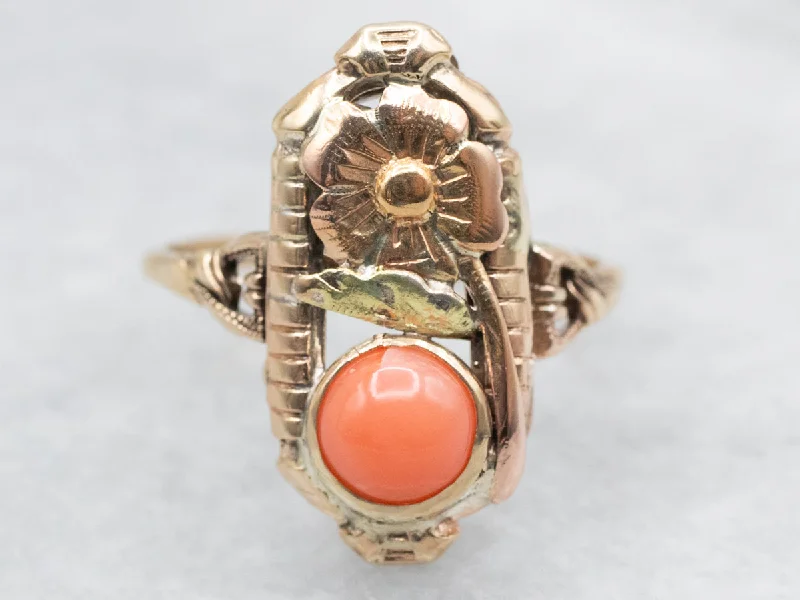 Glimmering druzy rings-Mid-Century Floral Coral Solitaire Ring