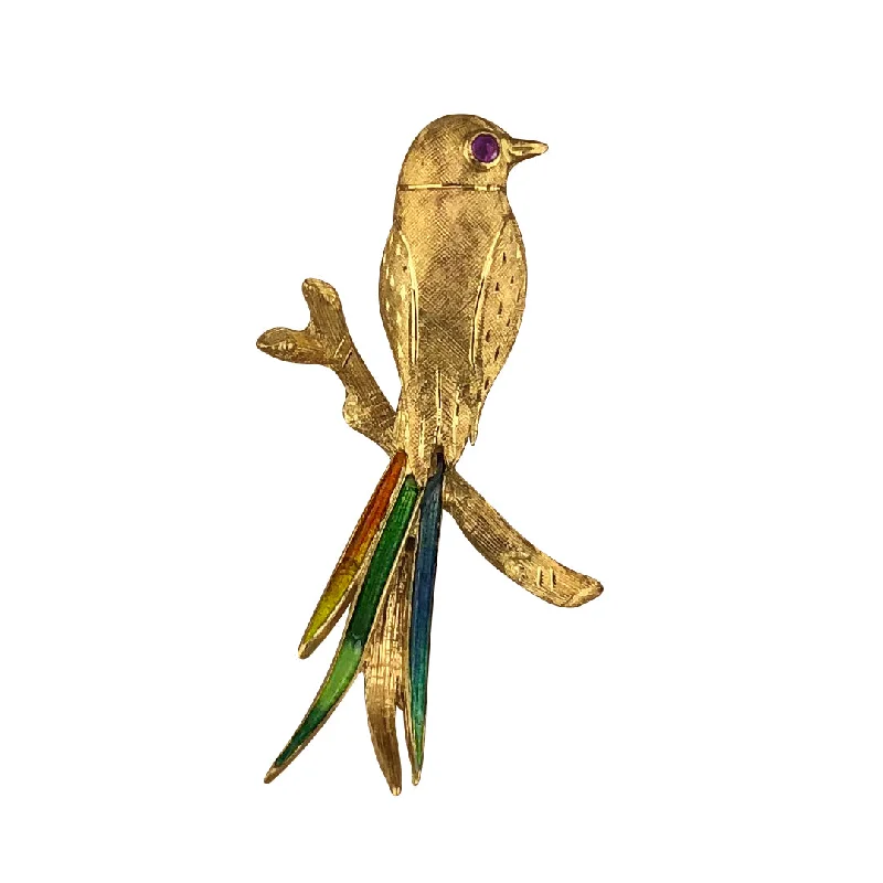 Polished metal brooches-18K Yellow Gold Bird Brooch/Pin With Rubies and Enamel