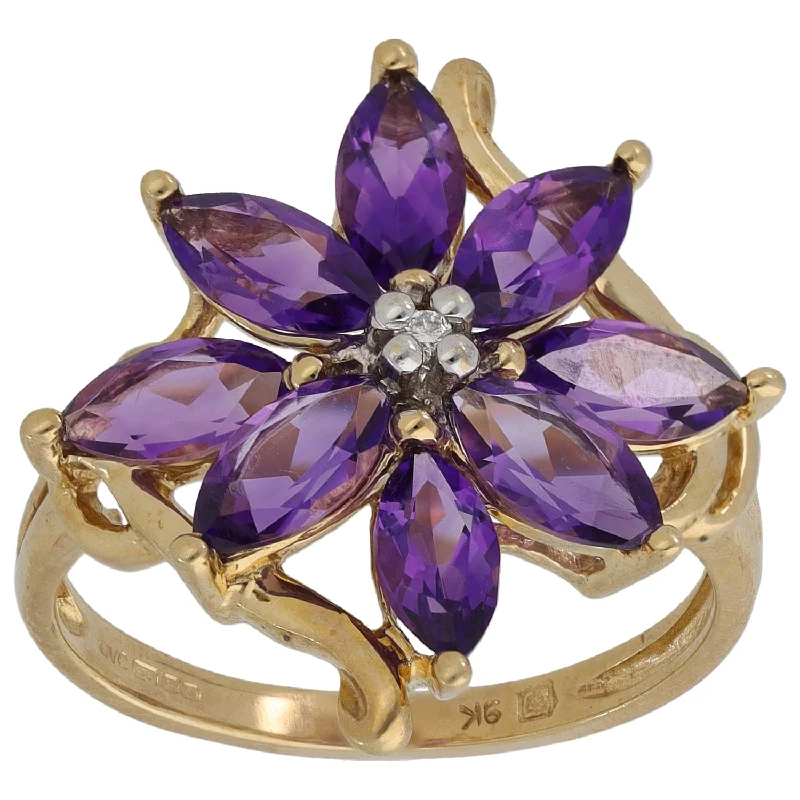 Flexible open rings-9ct Gold Amethyst & 0.01ct Diamond Cluster Ring Size Q