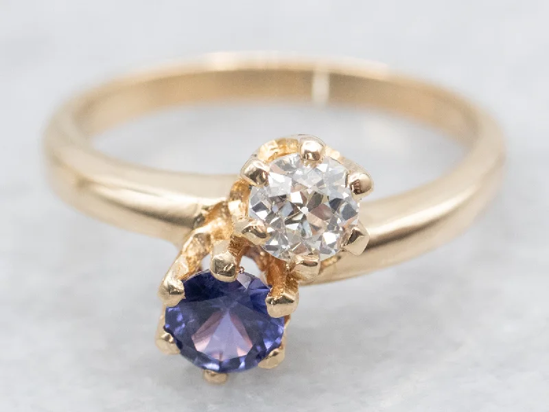 Wide gold rings-Purple Sapphire and Old Mine Cut Diamond Toi et Moi Ring