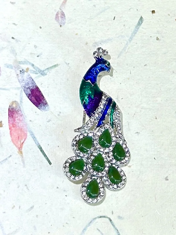 Aged silver brooches-Canadian BC Jade Peacock Brooch / Pin Silver colour