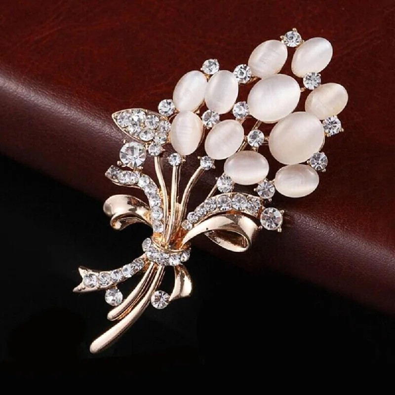 Artistic shape brooches-Mahi Rose Gold Plated Opal Wheat Flower Bouquet Dress Scarf Brooch / Saree Pin for Women (BP1101121ZWhi)