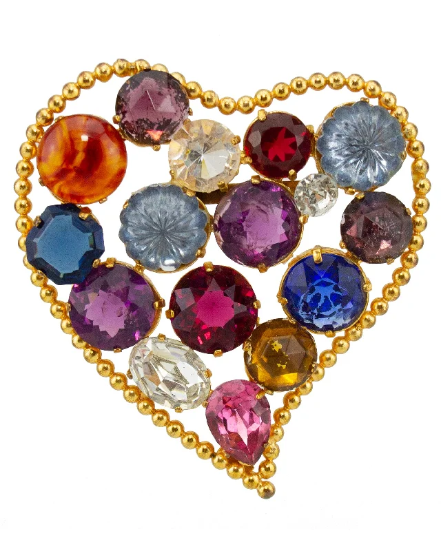 Linked design brooches-Gilt Metal & Faceted Glass Heart Shaped Brooch