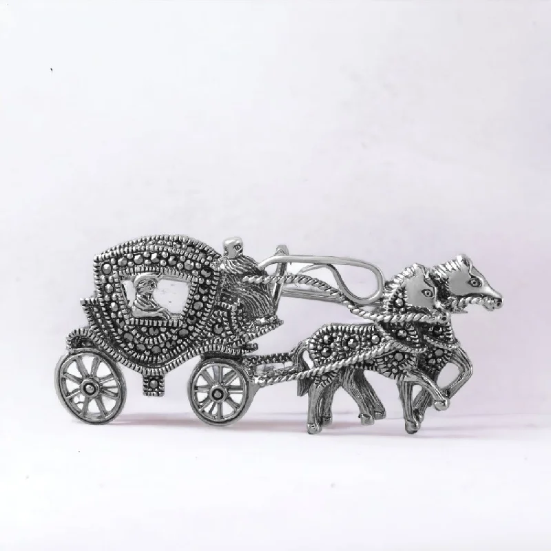 Aged silver brooches-Oxidized Silver Horse Cart Brooch Cum Pendant For Men & Women