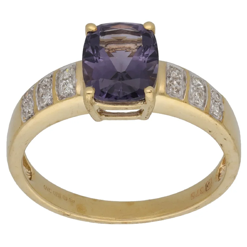 Astrology theme rings-9ct Gold Iolite & 0.24ct Diamond Solitaire Ring With Accent Stones Size S