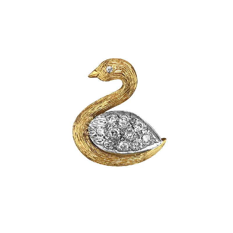 Horoscope charm brooches-14K Yellow and White Gold Swan Brooch/Pin With Diamonds