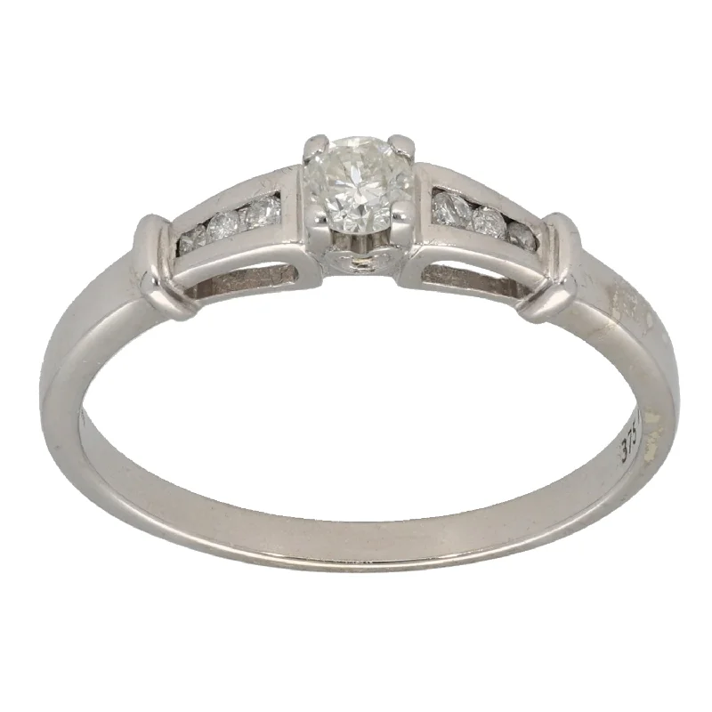 Wide stone rings-9ct White Gold 0.25ct Diamond Solitaire Ring With Accent Stones Size Q