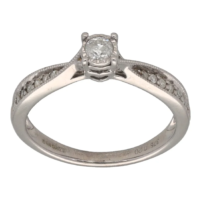 Wide band rings-9ct White Gold 0.20ct Diamond Solitaire Ring With Accent Stones Size L