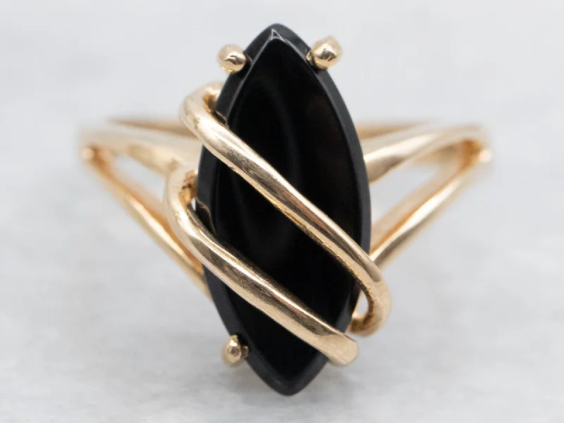 Astrology theme rings-Marquise Black Onyx Wrapped Gold Ring