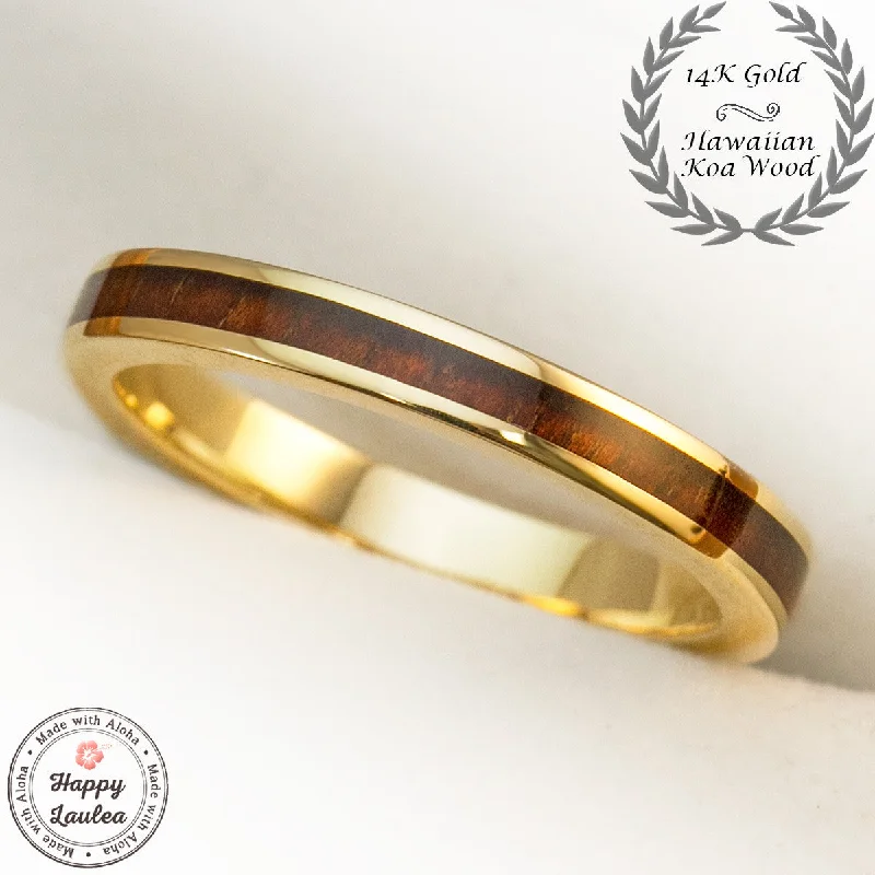 Pink gold rings-14K Gold Ring with Koa Wood Inlay - 3mm, Flat Shape, Standard Fitment