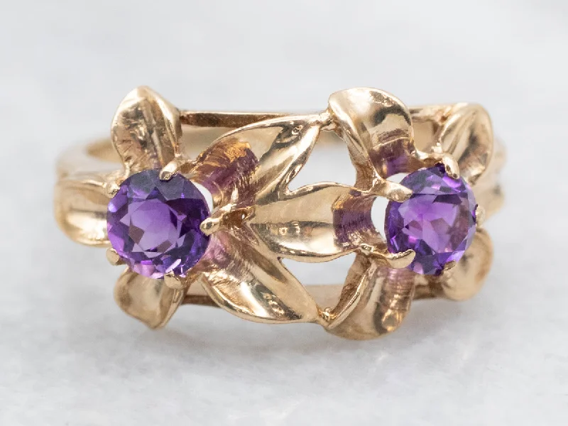 Wave pattern rings-Yellow Gold Amethyst Double Blossom Ring