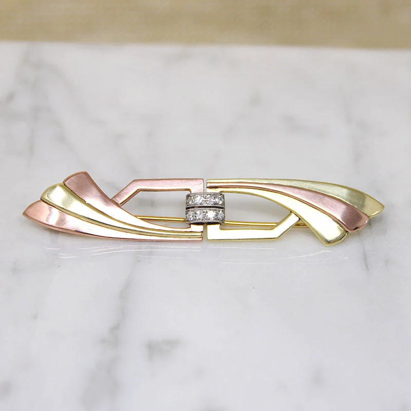 Sleek pin brooches-Yellow & Rose Gold Retro Brooch with Diamond-Set Platinum Detail