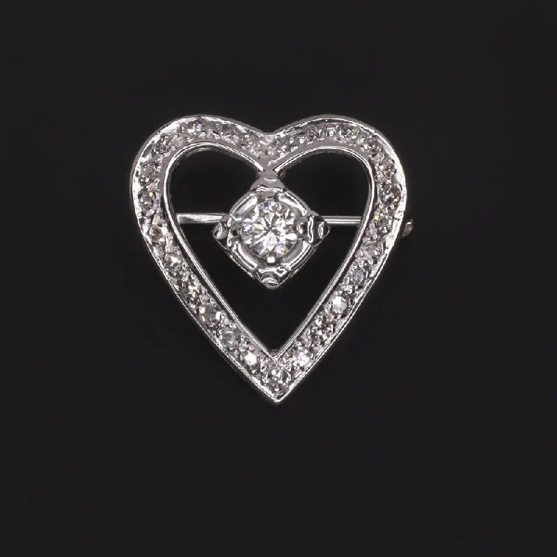 Memory locket brooches-VINTAGE DIAMOND HEART SHAPE PIN BROOCH 14k WHITE GOLD NATURAL ESTATE PENDANT