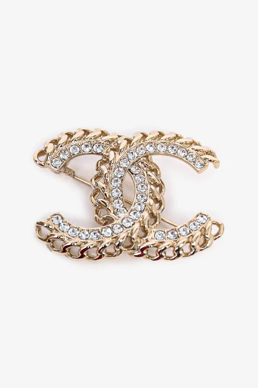 Leaf design brooches-Pre-Loved Chanel™ 2021 Gold Toned Chain/Crystal CC Brooch