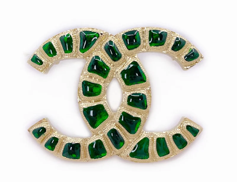 Tiny heart brooches-Chanel 19A Egypt Green Crocodile Print Gold Brooch Paris-New York YE7