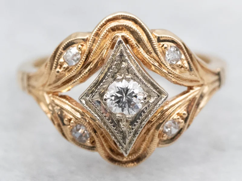 Rough band rings-Vintage Ornate Old Mine Cut Diamond Ring