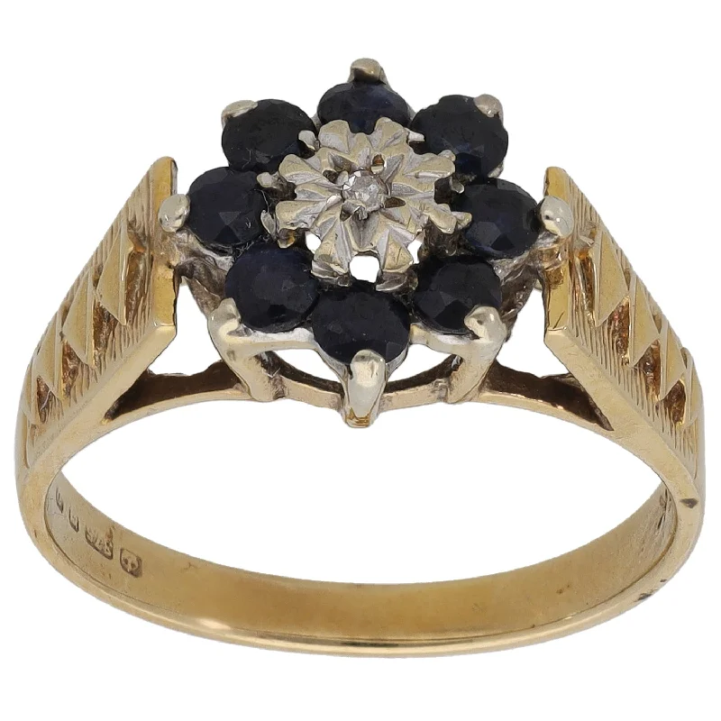 Dot design rings-9ct Gold Sapphire & 0.01ct Diamond Cluster Ring Size O