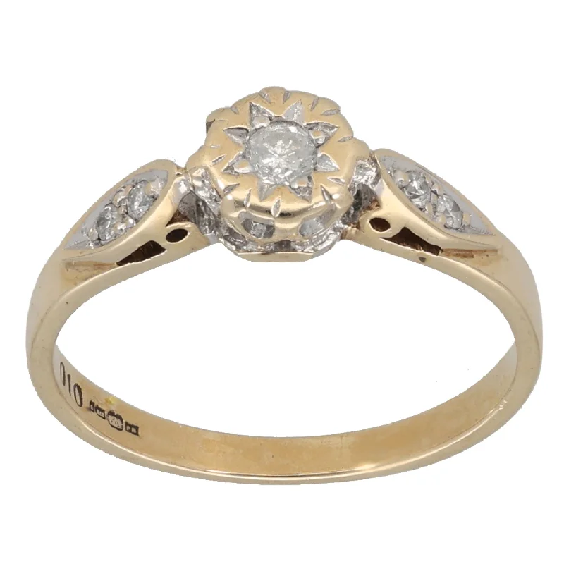 Retro lock rings-9ct Gold 0.10ct Diamond Solitaire Ring With Accent Stones Size L