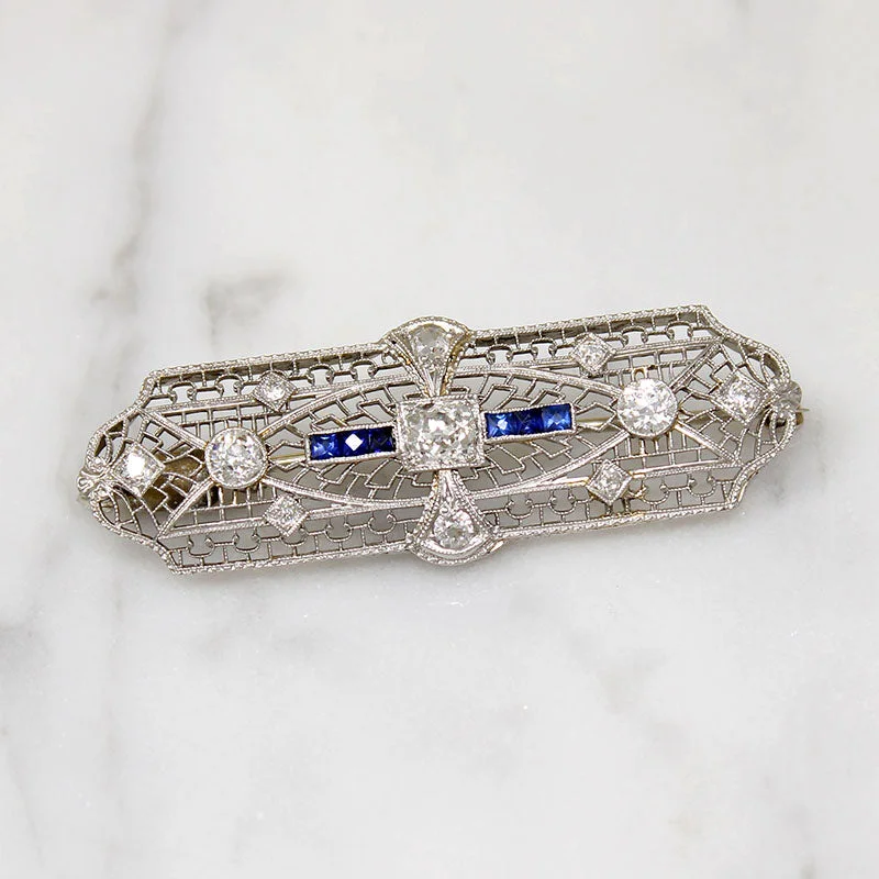 Wide stone brooches-Gossamer Art Deco Diamond & Sapphire Brooch