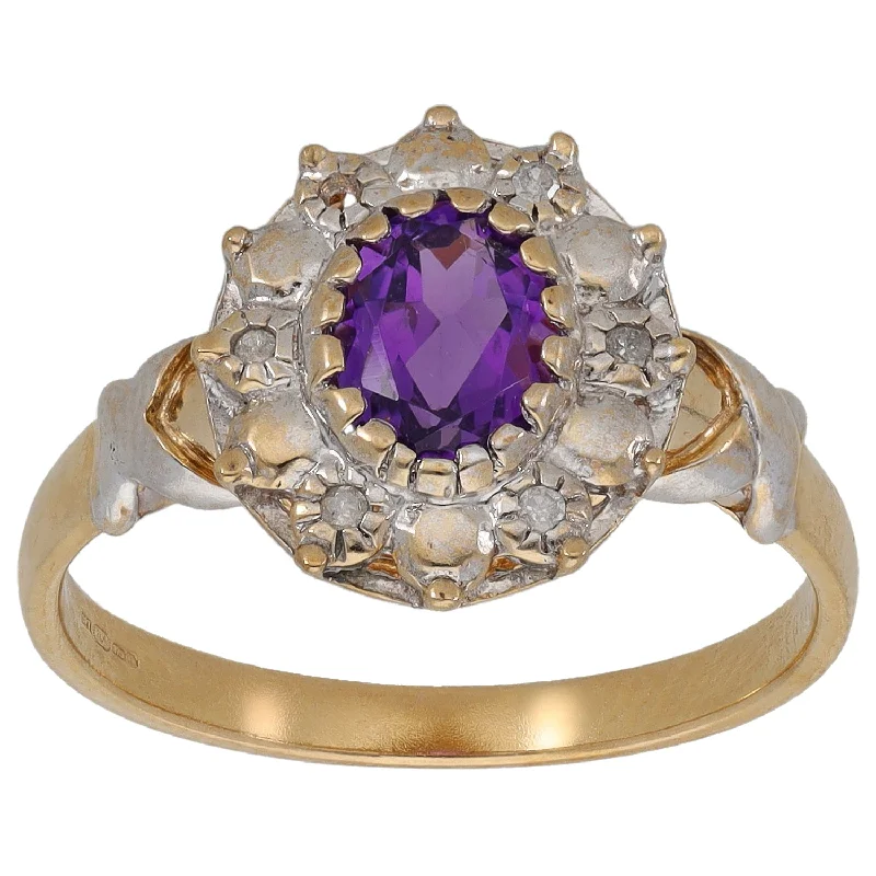 Protective eye rings-9ct Gold Amethyst & 0.06ct Diamond Cluster Ring Size N