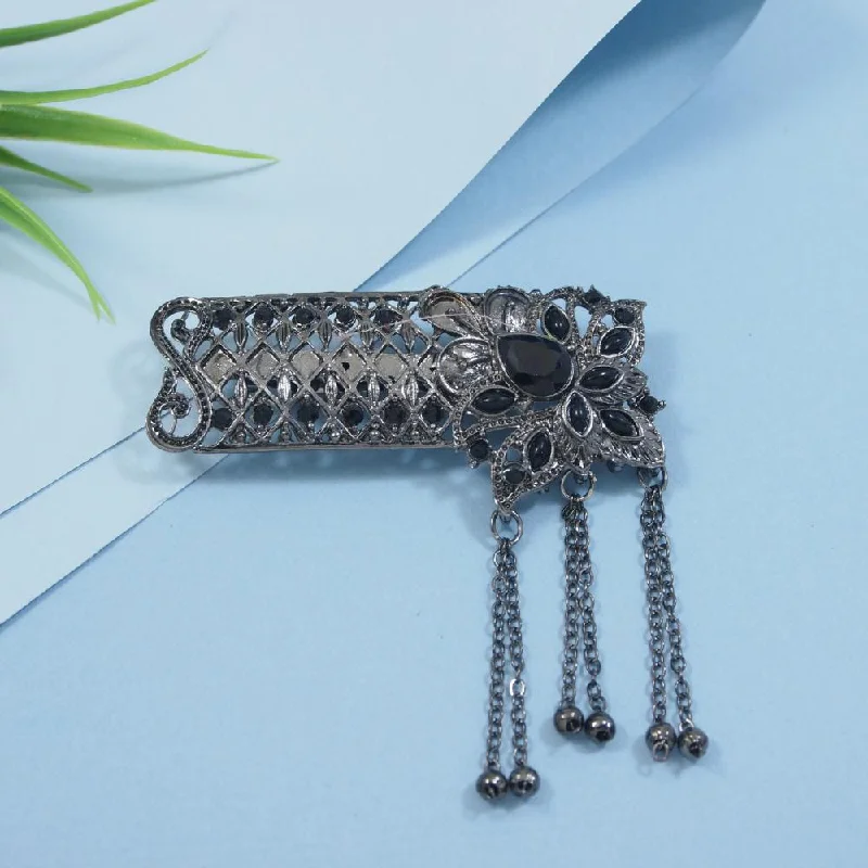 Uneven brooches-Etnico Silver Oxidised Traditional Stone Drop Safa Kalangi Brooch for Groom/Men/Dulha Pagadi (SM78OXB)