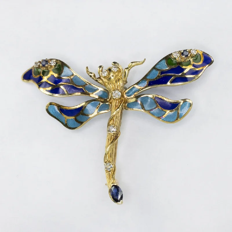 Satin black brooches-VINTAGE DIAMOND SAPPHIRE ENAMEL DRAGONFLY PIN 14k YELLOW GOLD BROOCH PENDANT