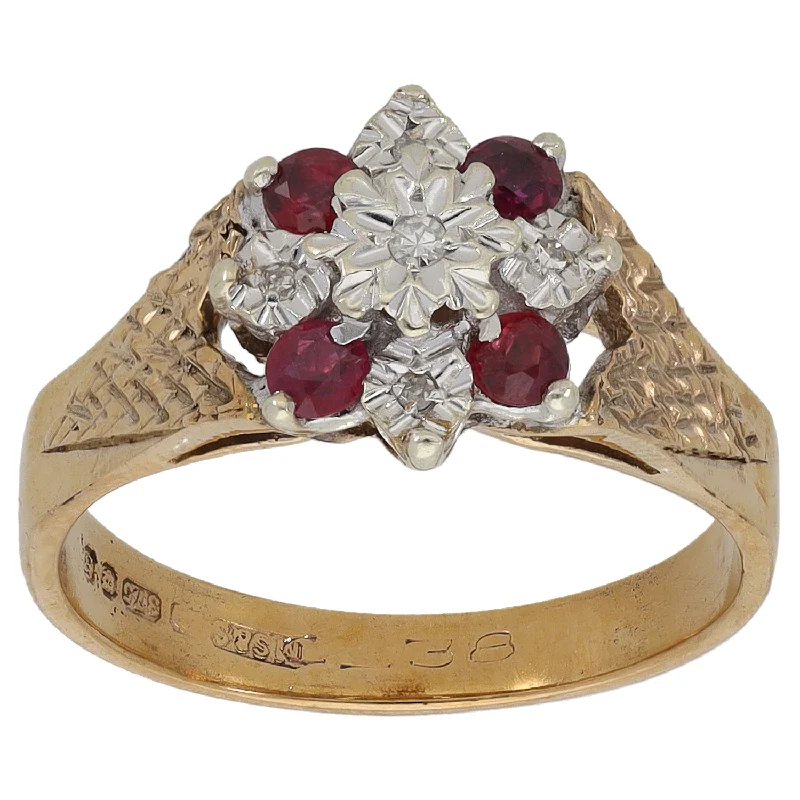 Circular design rings-9ct Gold Ruby & 0.03ct Diamond Cluster Ring Size M