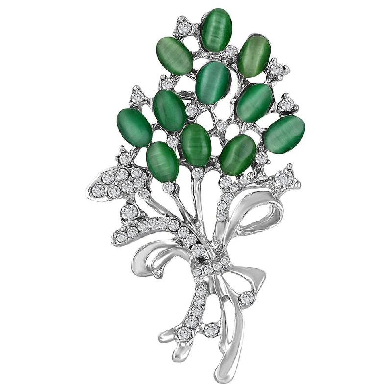 Rattan style brooches-Mahi Green and White Crystals Opal Wheat Flower Bouquet Dress Scarf Brooch / Saree Pin for Women (BP1101122RGre)