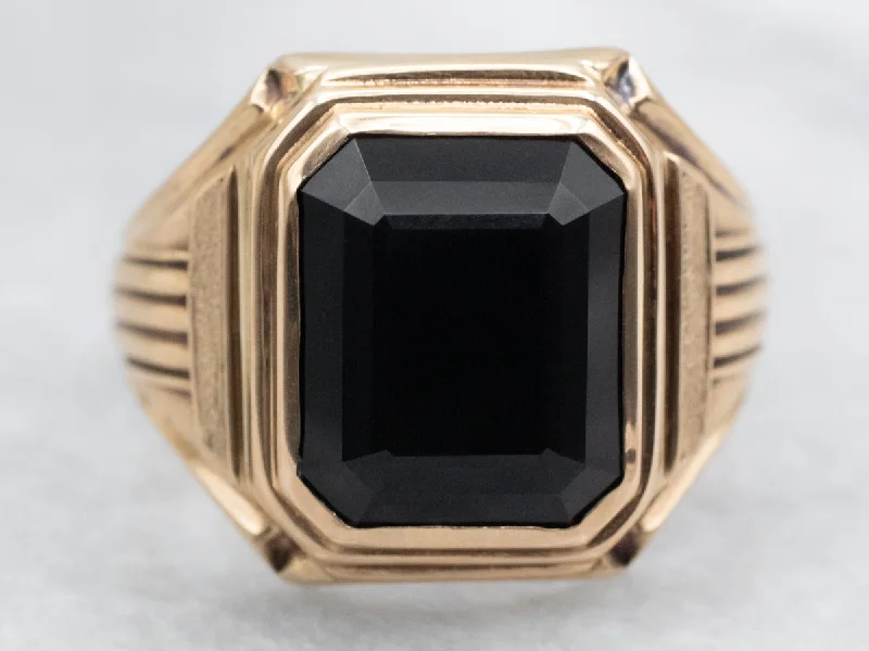 Waxing moon rings-Men's Mid-Century Gold Faceted Black Onyx Ring