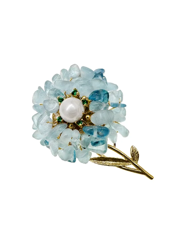 Sculpted art brooches-Handcrafted Flower Shape Natural Aquamarine Brooch LP003