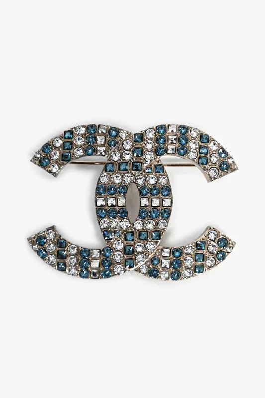 Artistic shape brooches-Pre-Loved Chanel™ 2019 Silver Toned Blue Crystal Embellished CC Brooch